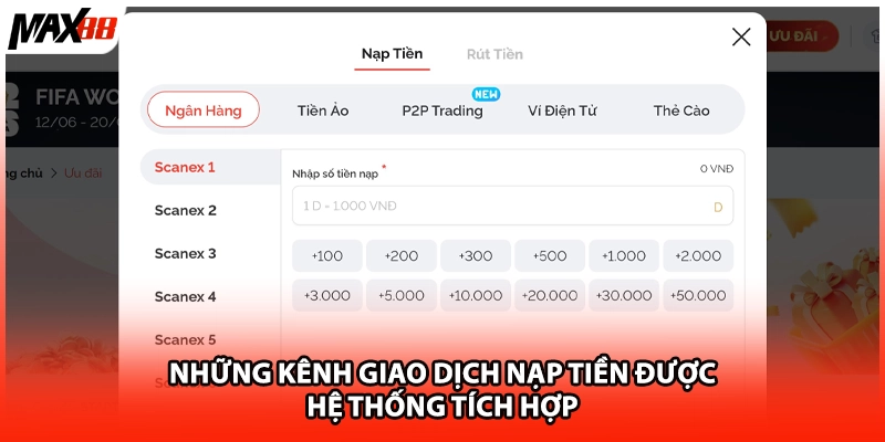 Những kênh giao dịch nạp tiền được hệ thống tích hợp